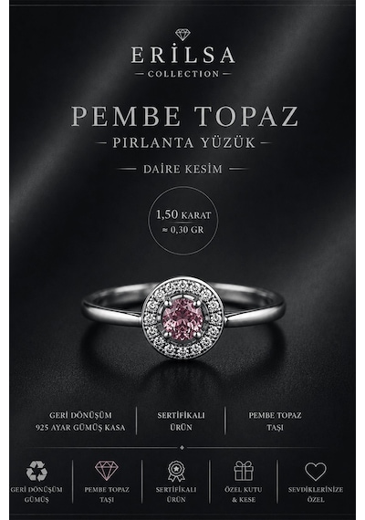 Sertifikalı Pembe Topaz Taşlı 925 Ayar Gümüş Pırlanta Yüzük Daire Kesim Çok Renkli