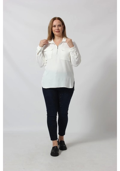 Moda Berray 3055 Yaka Fermuarlı Yandan Yırtmaçlı Gömlek Beyaz