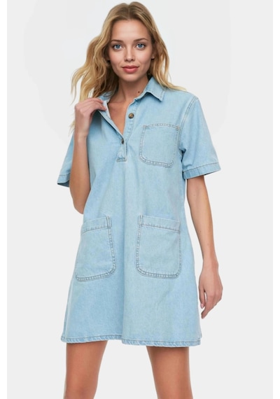 Ersefa Kısa Kollu Denim Gömlek Elbise Mini Boy Casual Günlük Pamuk Yükse Açık Mavi