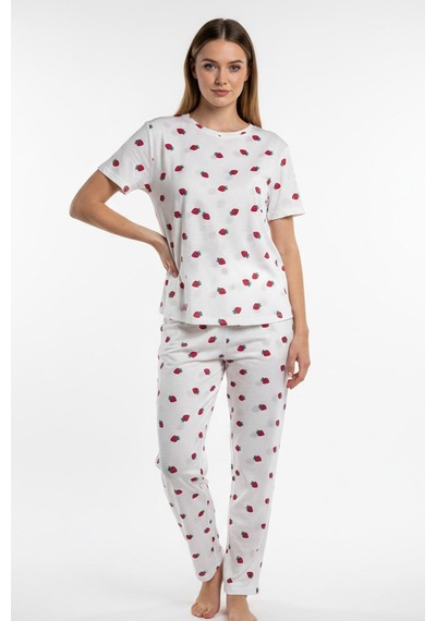Kompedan Kadın Bisiklet Yaka Yumuşak Dokulu Çilek Desenli Kısa Kol Pijama Takım Beyaz 70132-4712
