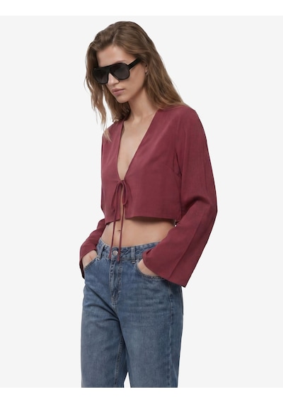 Koton Geniş Uzun Kollu Önden Bağlama Detaylı Crop Bluz Bordo 6sak60540uw