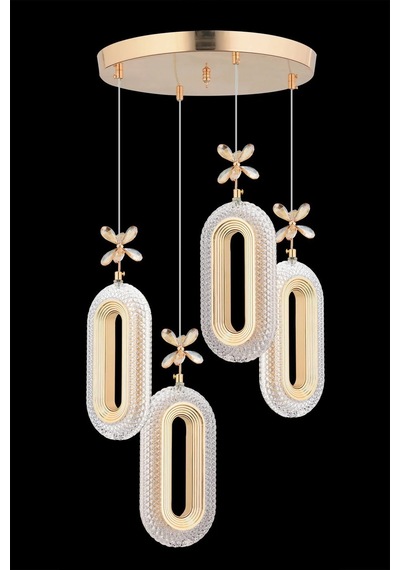 LumiaLighting Eclipse Model 4'lü Gold Kumandalı 3 Renk Modu Ledli Kristal Taşlı Modern Salon Mutfak Oturma Odası Led Avize Altın