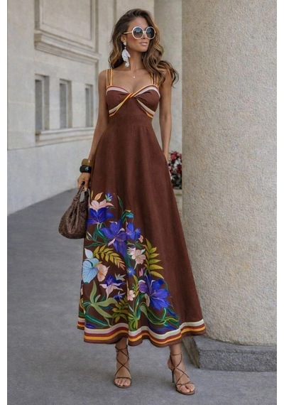 Asprinfashion Kadın İthal Keten Dijital Baskılı Askılı Maxi Elbise Yazlık Çiçek Desenli Uzun Elbise Kahverengi Asprinfashion Kadın İthal Keten Dijital Baskılı Askılı Maxi Elbise Yazlık Çiçek Desenli Uzun Elbise Kahverengi