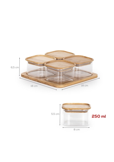 Porsima Hf009009 Kare 4lü Hava Geçirmez Bambu Standlı Cam Kahvaltılık Seti Bambu Kapaklı Saklama Kabı 250ml Şeffaf