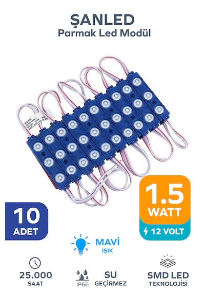 3 Ledli Parmak Led Modül 1.5w 2835 Smd Mercekli Mavi Renk 12v 10 Adet