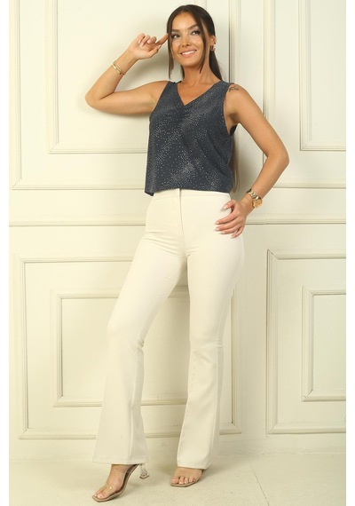 By Saygı Yüksek Bel Cepli En Boy Likra İspanyol Paça Pantolon-38483 Bej
