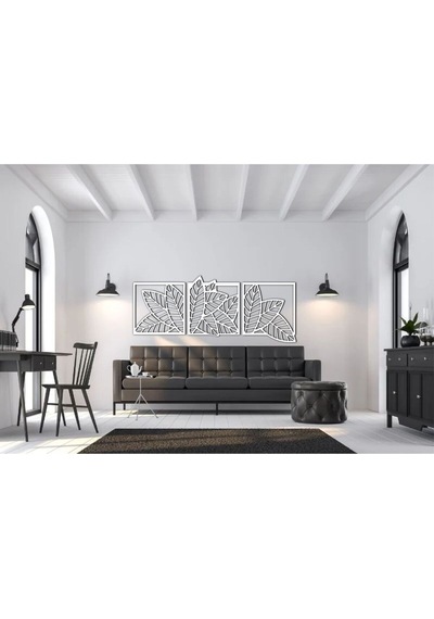 Yaprak Model 3 Lü Dekor Ahşap Duvar Süs Tablo Beyaz Renk 147x52 Cm
