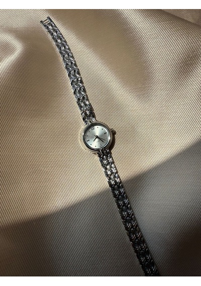Retro Minimal Hasır Kordon Vintage Kadın Kol Saati Yuvarlak Gümüş