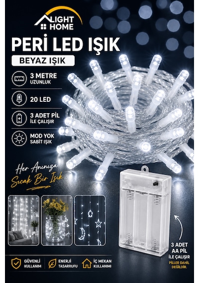 Kablolu Led Işık Zinciri Beyaz Dekoratif Led Aydınlatma Oda Duvar Yatak Odası Parti Yılbaşı Süsü 3 Metre 20 Led