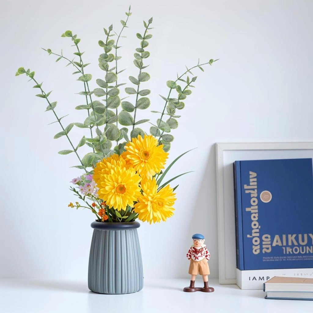 Yapay Çiçek Pastel Silikon Okaliptus 42cm 5dallı Demet Eucalyptus Yeşil