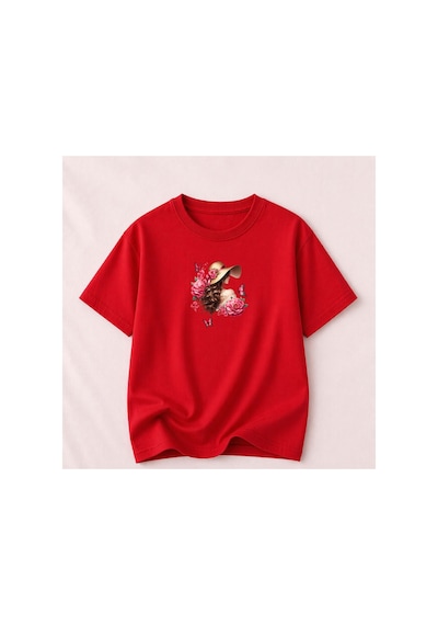 Herkesemoda Güllü Kadın Temalı Baskılı Kadın Bisiklet Yaka Pamuklu T-shirt Kırmızı