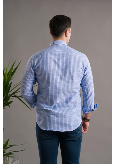 Dorss Slimfit Pamuklu Çizgili Yaka Düğmeli Uzun Kol Erkek Gömlek Mavi
