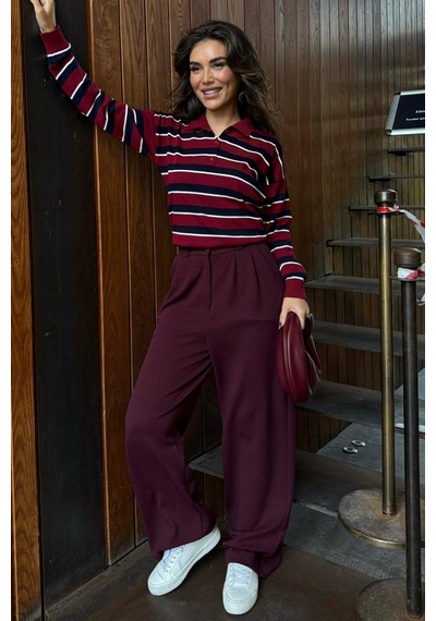 Madmext Bordo Çizgili Polo Yaka Düğmeli Kadın Kazak Mg2561 Bordo
