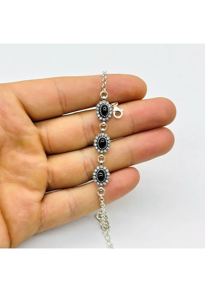 Gülendam 925 Ayar Gümüş Oltu Taşlı Bileklik Gümüş  - Siyah