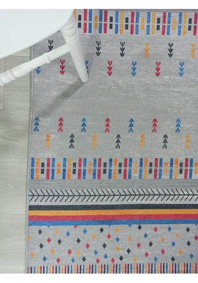 Gri Ve Çok Renkli Geometrik Desenli Modern Yolluk - Tk304ou