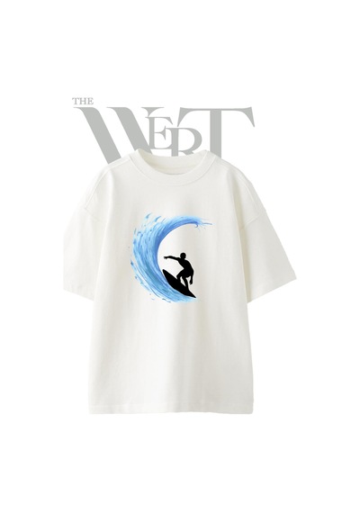 Thewert Sorfcu Dalga Tasarım Baskılı Ünisex Beyaz Oversize T-shirt