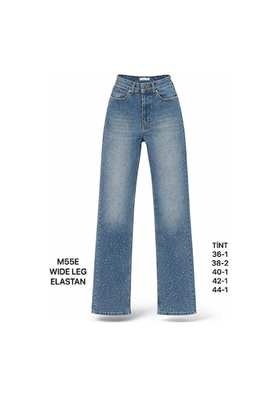 Miss Poem Kadın Tint Mavi Taş Detaylı Wide Leg Jean Pantolon