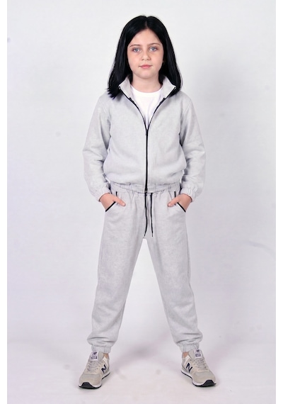 Panios Kids Kız Çocuk Dik Yaka Fermuarlı Beli Bağcıklı Lastik Paça Eşofman Takımı Gri