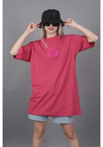 Madmext Pembe Baskılı Oversize Bisiklet Yaka Kadın Tişört-pembe Pembe