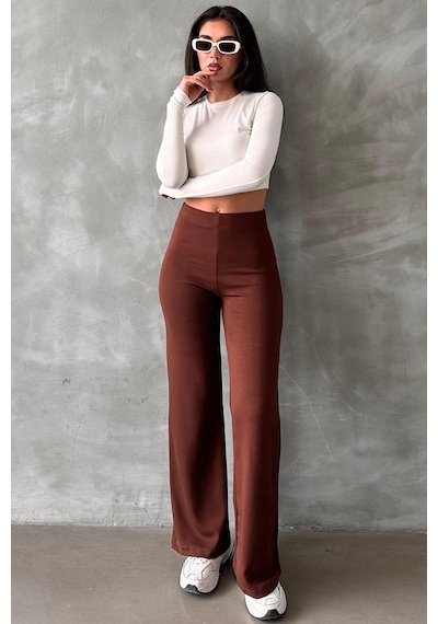 Kahverengi Yüksek Bel Düz Model Kadın İspanyol Paça Tayt Pantolon Mg2288 Kahverengi