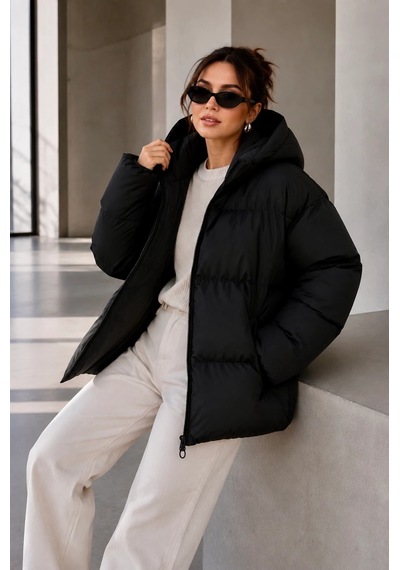 Bb Butik Basic Oversize Kapüşonlu Şişme Mont St3411 siyah