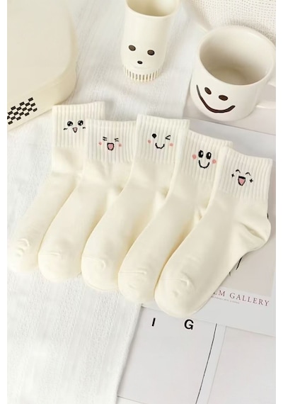 Hitit Socks Kadın 5 Çift Premium Desenli Emojili Ve Gülen Suratlı Uzun Konç Soket Çorap beyaz