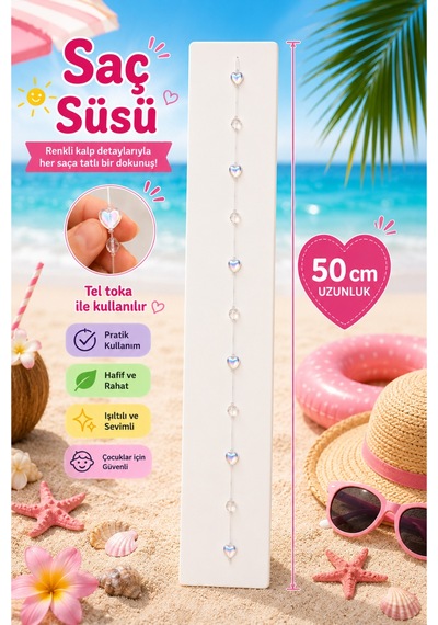 Işıltılı Kalp Boncuklu Çocuk Saç Süsü - 50 Cm Pratik Tel Tokalı