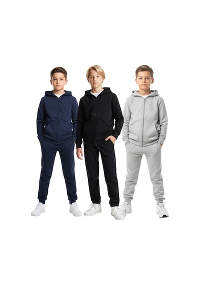 Fyk Kids Fermuarlı Kapüşonlu Kanguru Cepli Düz Baskısız Erkek Çocuk Eşofman Takımı 3'lü - Gri - Siyah - Lacivert