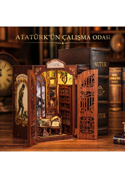 Atatürk Çalışma Odası Mini Kitap Evi Dıy Book Nook Kit, Led Işıklı Ahşap Minyatür Hobi Seti