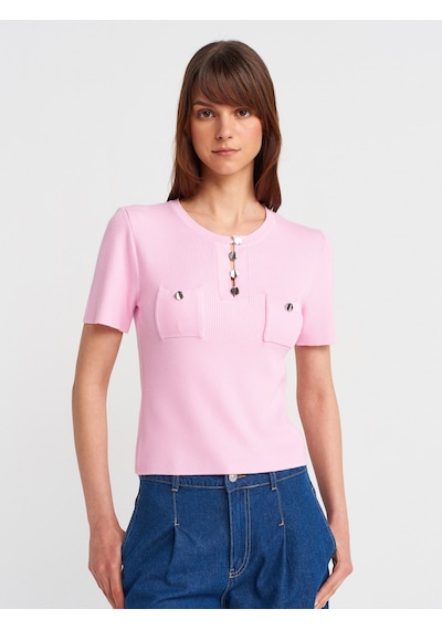 Dilvin 10733 Bisiklet Yaka Cepli Düğmeli Triko Bluz-pembe Pembe