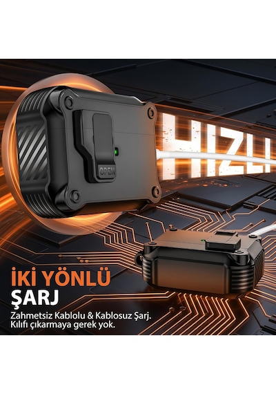 Airpods Pro 3 İle Uyumlu Manyetik Kilitli Zırhlı Kılıf - Darbeye Dayanıklı Koruyucu Kapak - Karabinalı Endüstriyel Tasarım