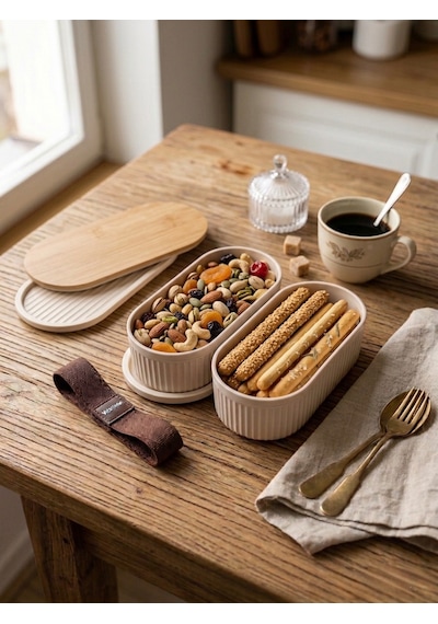 Premium Bambu Kapaklı Çift Katlı Lunch Box - Modern Tasarım Kilitli Beslenme Kutusu Ve Saklama Kabı Krem