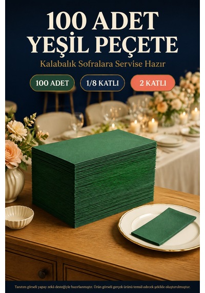 33x33 Cm Yeşil Garson Katlama Peçete 100 Adet 2 Katlı Kadınlar Günü Davet Parti Sofra Kağıt Peçetesi