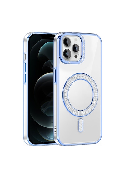 Apple Uyumlu iPhone 12 Pro Kılıf Pırlanta Taş Tasarımlı M-safe Şarj Özellikli Karetta Silikon Kapak Mavi