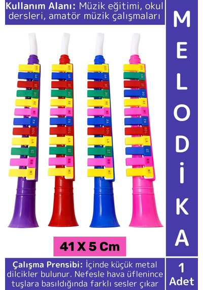 Eğitici Çocuk Müzik Nota Öğrenimi Eğlenceli Üflemeli Tuşlu Çalgı Renkli Plastik Melodika 41 X 5 Cm