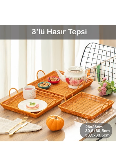 Porsima 709d Kare 3'lü Hasır Tepsi Dekoratif Sunum Servis Tepsisi