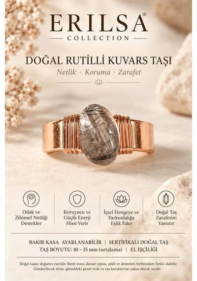 Sertifikalı Doğal Rutil Kuvars Taşı Yüzük Bakır Kasa Ayarlanabili Çok renkli