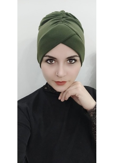 Kadın Tesettür Çapraz Bone Haki Altın