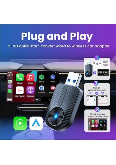 Tr Kablosuz Carplay Android Auto Adaptör, Wifi 5.8ghz, Bluetooth 5.4, Tak Çalıştır Dongle