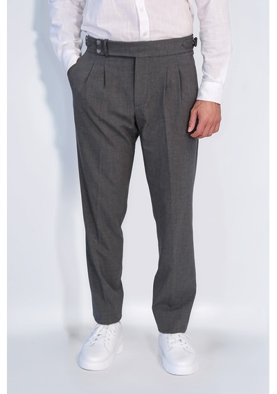 Antrasit Çift Pileli Tokalı Yüksek Bel Slim Fit Pantolon Wessi Füme