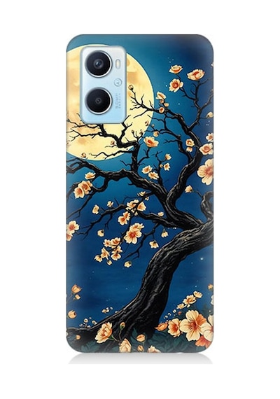 Oppo A96 Uyumlu Ay Altında Kiraz Çiçeği Desenli Silikon Kılıf Çok Renkli