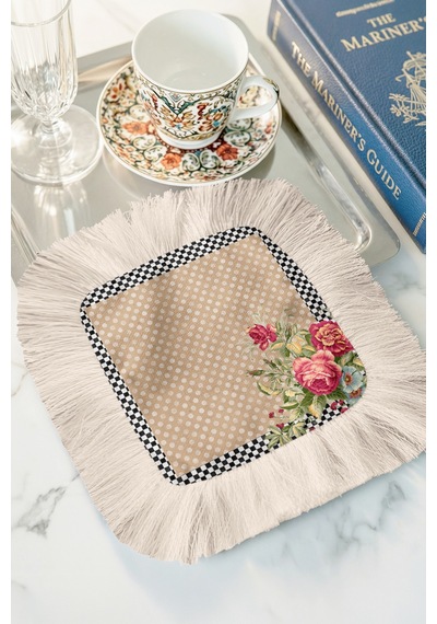 Vintage Çiçekli Saçaklı Sunum Peçetesi - Pastoral Romantik Bohem Bej Pembe Bardak Altlığı Mendil