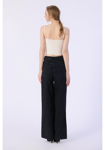 Yüksek Bel Wide Leg Dizler Lazerlı Jeans-siyah Siyah