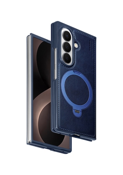 Samsung Galaxy Uyumlu Z Fold 8 Ultra Kılıf Ring M-safe Şarj Özellikli High Pu Deri Hdd Hbc-386 Skafta Case Mavi