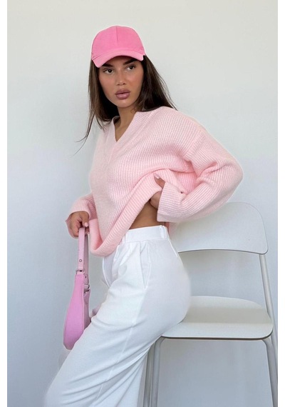 Madmext Pembe V Yaka Triko Kadın Kazak Mg2501 Pembe