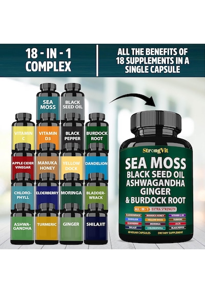 Strongvit Sea Moss Black Seed Oil,hint Ginseng, Burdock Root All-in-1 Extra Strength 60 Vegan Kapsülleri