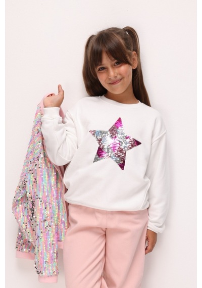 Le Mabelle Ekru Pullu Yıldız Nakışlı Kız Çocuk Sweatshirt - Dina Ekru