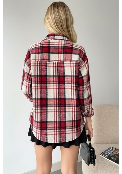 Mamayaga Kadın Desen Bloklu Oduncu Oversize Bol Ve Geniş Kalıp Casual Cepli Yakalı Ceket Gömlek Kırmızı