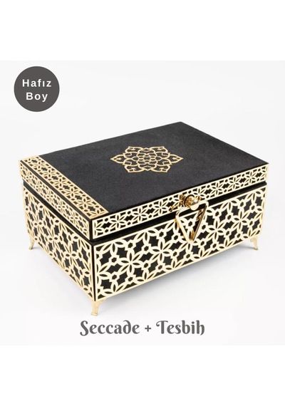 Desenli Kutu Çeyizlik, Seccade + Tesbih + Kuran Hediye Seti Hafız Boy, Kadife, Siyah, Elif-vav Siyah