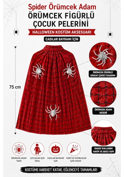Spider Örümcek Adam Pelerin 75 Cm Çocuk Halloween Kostüm Cadılar Bayramı Parti Örümcek Aksesuarı